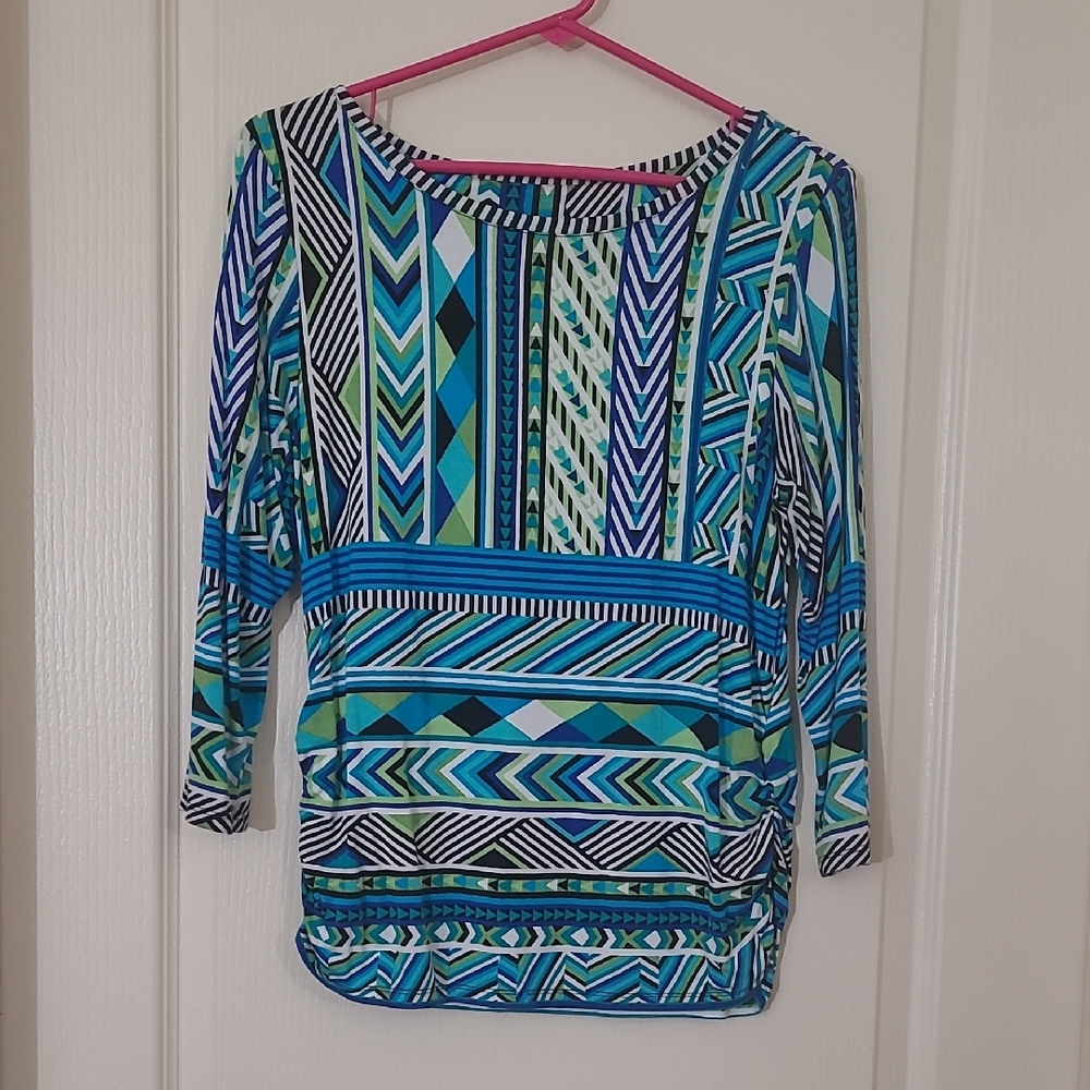 RUBY RD PETITE Geometric Patterned Women's Top - Blue and Green Size PM